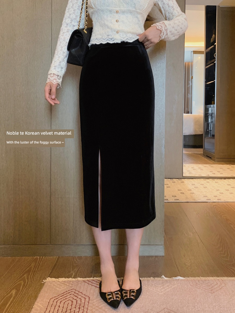 Retro black velvet Autumn and winter Medium and long term Half body skirt