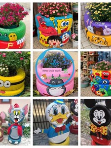 Waste Tire Colorful Painting Flower Pot Graffiti Creative Kindergarten Environment Creation Crafts Park Scenic Area Deco