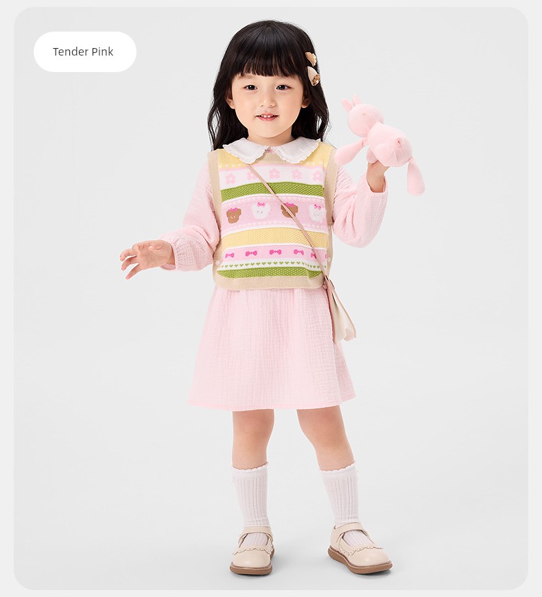 Pure Cotton Era Girls' Dress and Vest Set, Long-Sleeve Dress, Gauze Pure Cotton, New Spring/Summer Model, Same Style as in Stores — 19