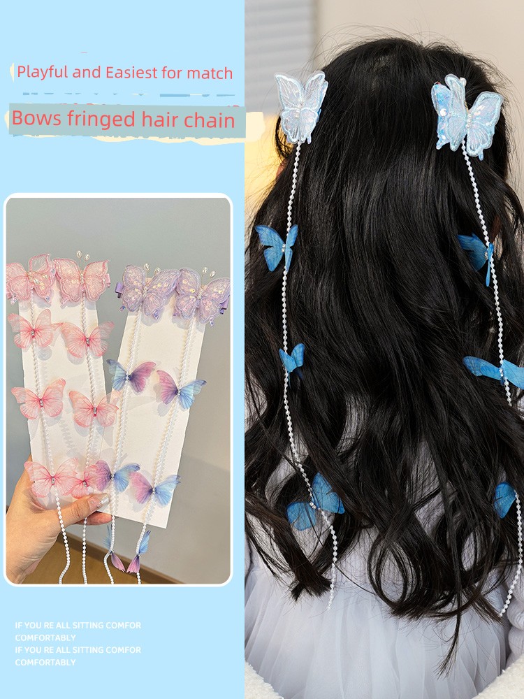 Girl Fairy Butterfly Braided Hair Chain Barrettes Children's Hairpin Little Girl Princess Tassel Chain Baby Hair Tie Hair Accessories
