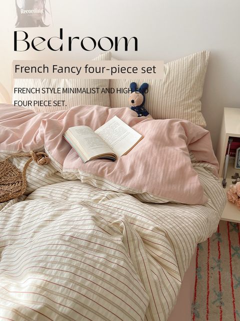 French striped bed sheet four-piece set wash quilt cover single student dormitory bed three-piece set part-of-all cotton pure cotton