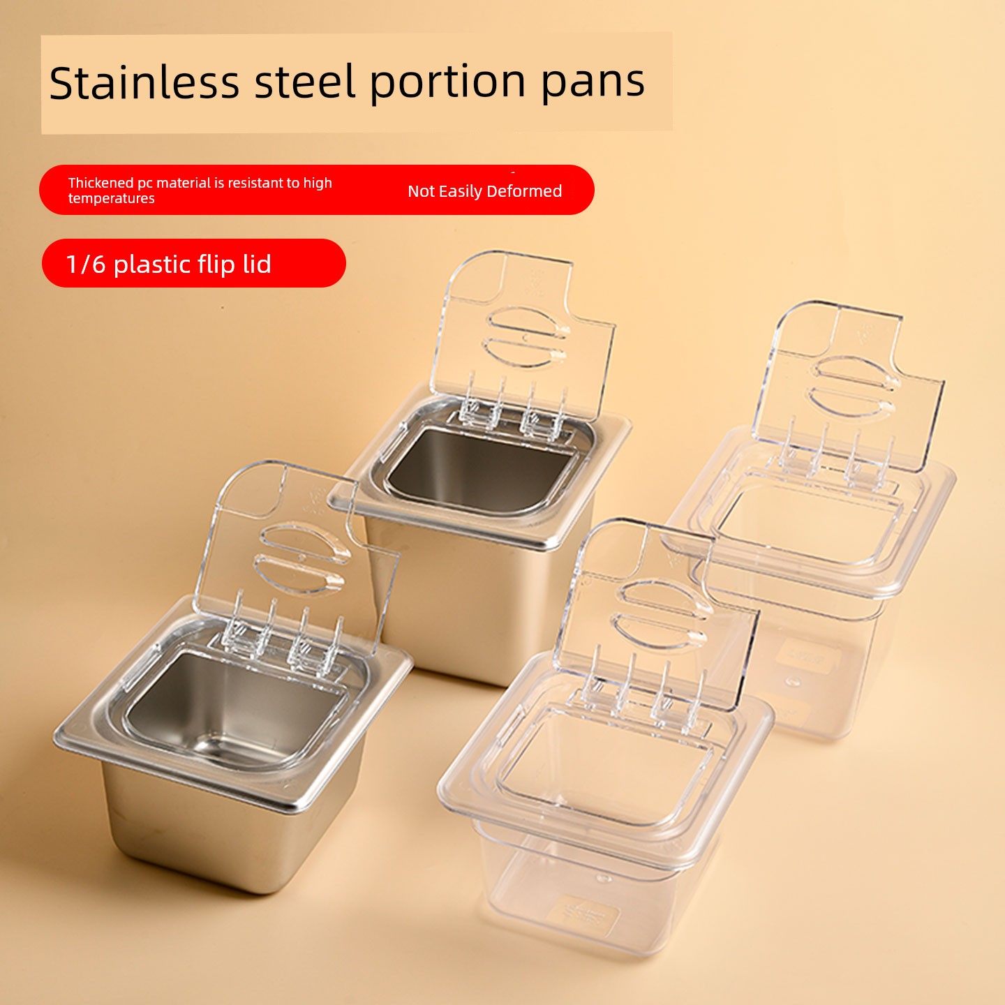 Stainless Steel Portion Container for Milk Tea Shop, with Lid, 1/6 Size, Pc Flip-Top Lid, Square Jam Container
