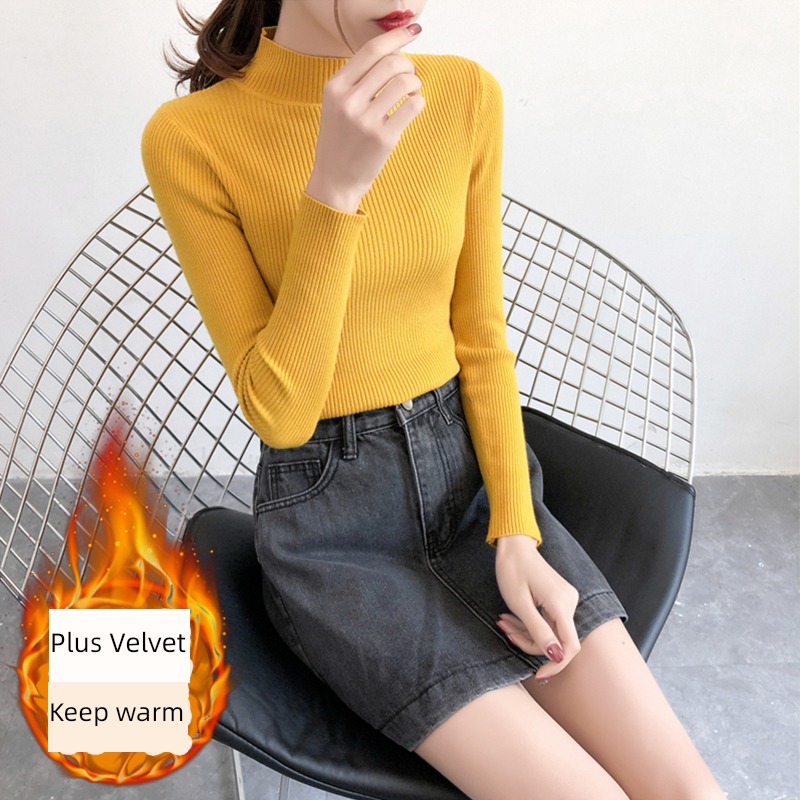 Plush thickening Inner lap keep warm Half high collar Tight fitting sweater