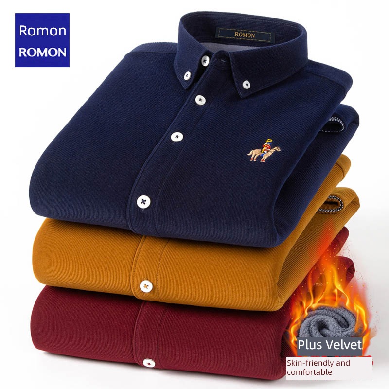 Romon corduroy Autumn and winter Embroidery Young and middle-aged people shirt