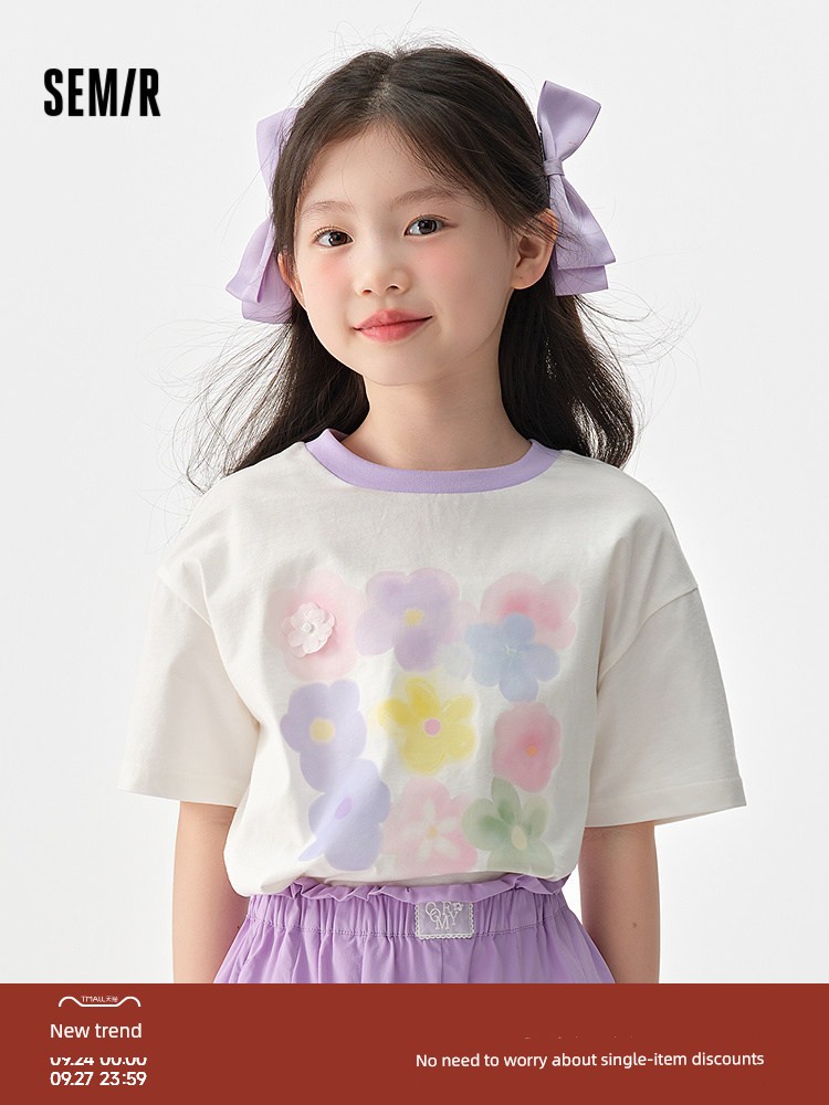 Semir Children's Short-Sleeve T-Shirt 2025 Summer New Style Comfortable Loose Printed Girls' Clothing with a Unique Design