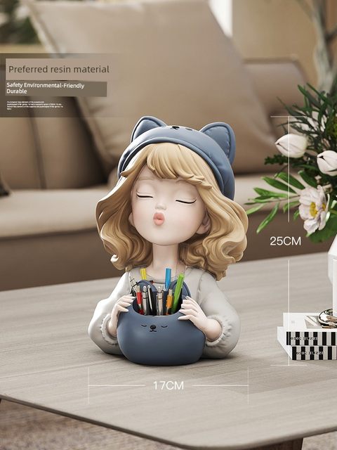 Cute girl pen holder ornament creative office desktop makeup brush storage children room decoration boy girl