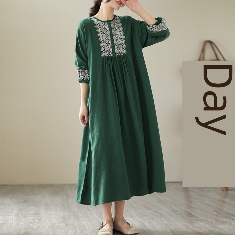 Big size Show thin easy heavy industry Embroidery Cotton and hemp Dress