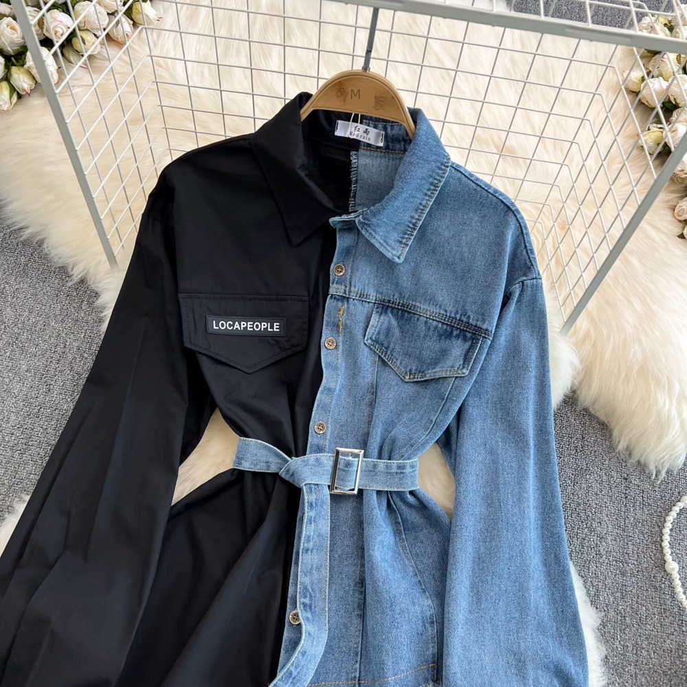 chic With belt Color matching leisure time jacket cowboy shirt