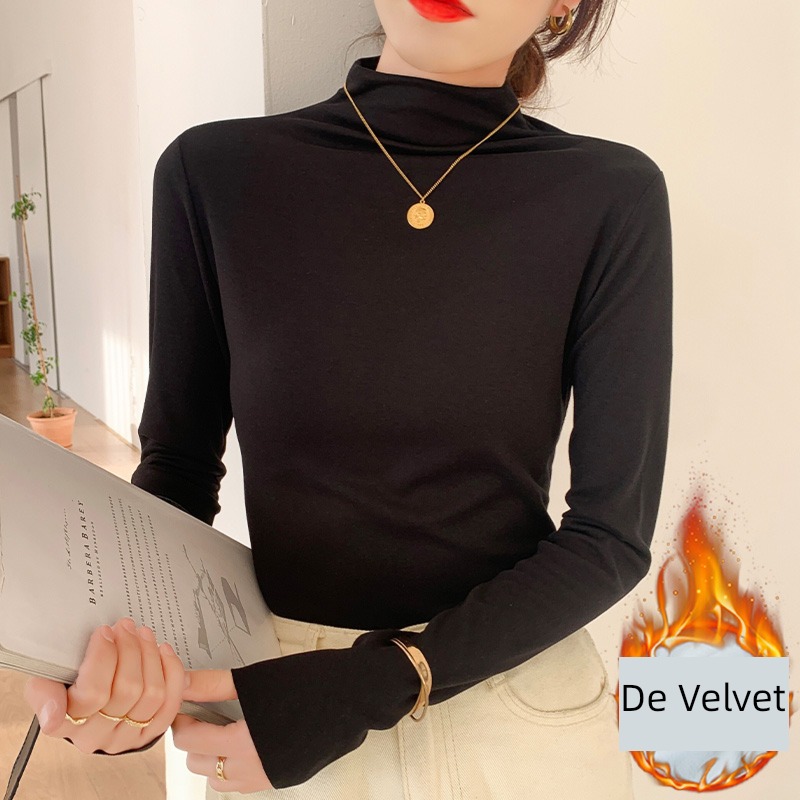 Half high collar Self-cultivation Show thin Derong Undershirt ma'am spring and autumn winter Plush Foreign style Inner lap Middle collar Long sleeve T-shirt