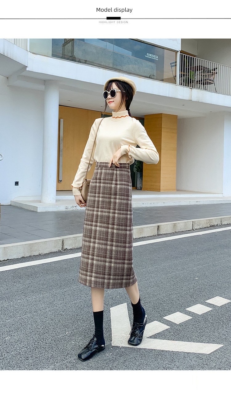 Retro Wool Autumn and winter Medium and long term Check pattern skirt