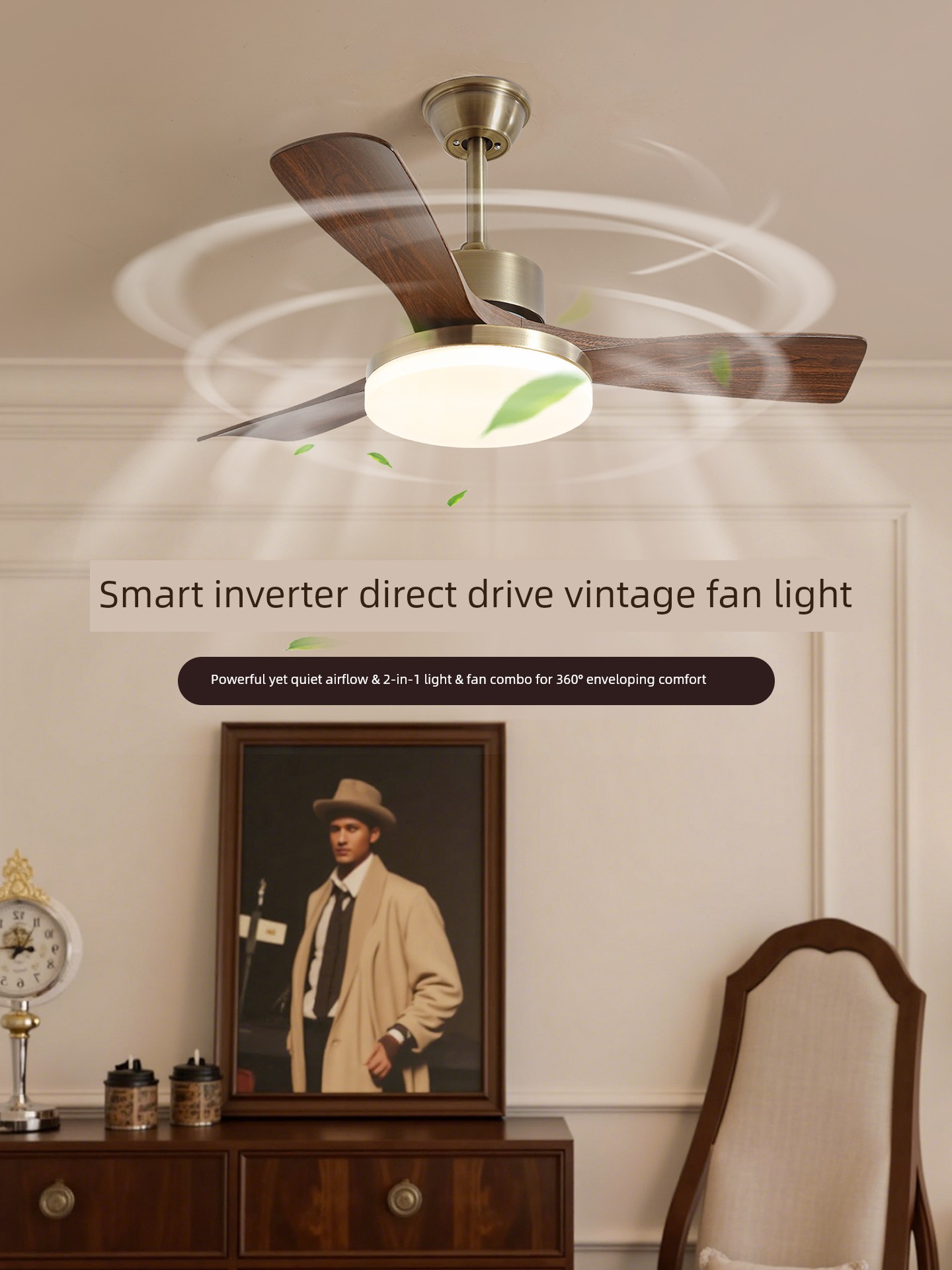 Ceiling Fan Electric Fan 2026 New Model Home Use Mid-Century Style Silent Abs Straight Blade Living Room Bedroom Dining Room Lamp R335