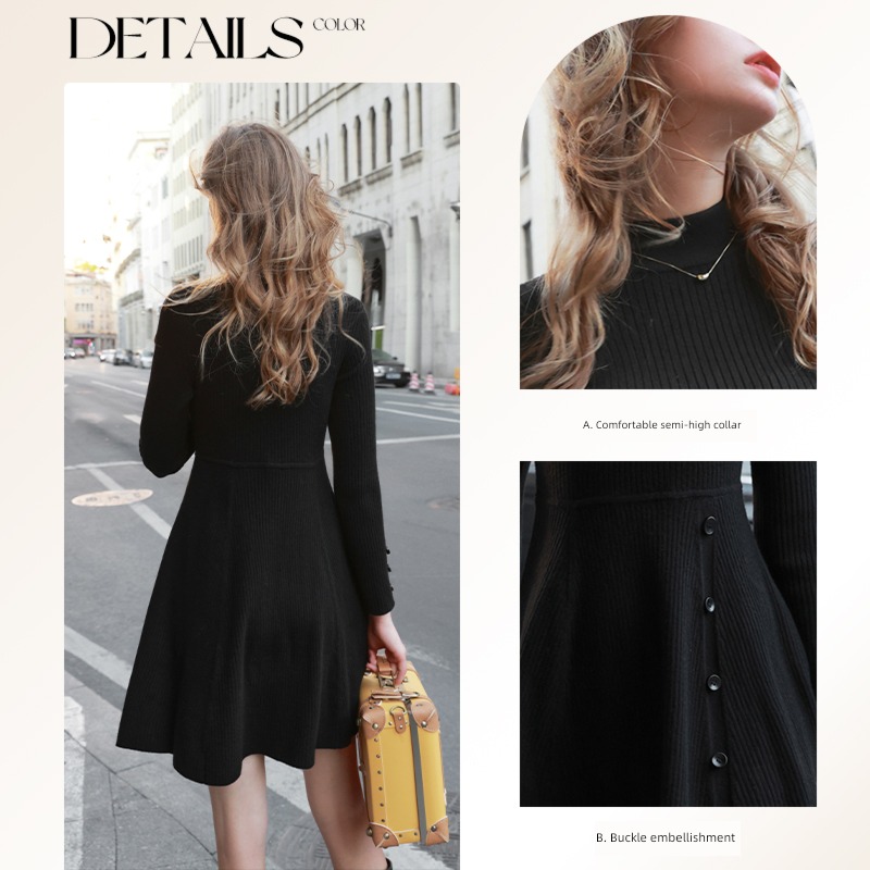 Tricolor Autumn and winter Half high collar Inner lap Knitted skirt
