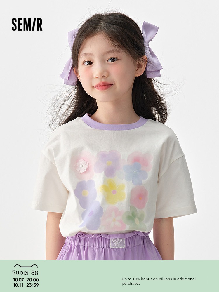 Semir Children's Short-Sleeve T-Shirt 2025 Summer New Style Comfortable Loose Printed Girls' Clothing with a Unique Design