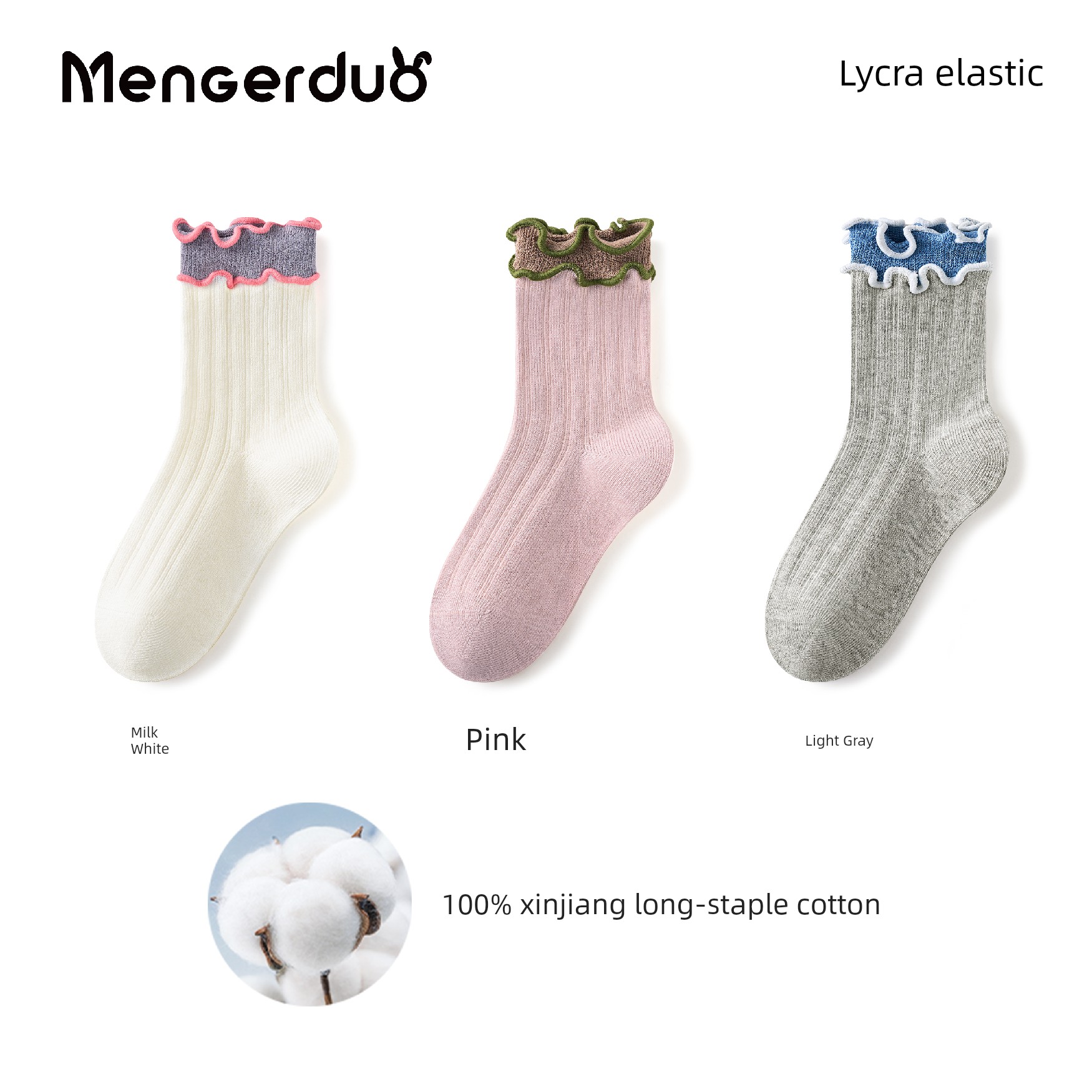 Girls' Socks for Spring and Autumn, 100% Pure Cotton, Children's Lace Princess Socks, Girls' Ruffled Mid-Tube Socks for Autumn and Winter — 3