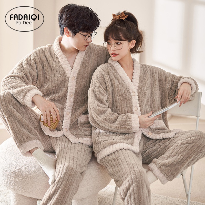 Flannel Cardigan keep warm One man and one woman lovers pajamas