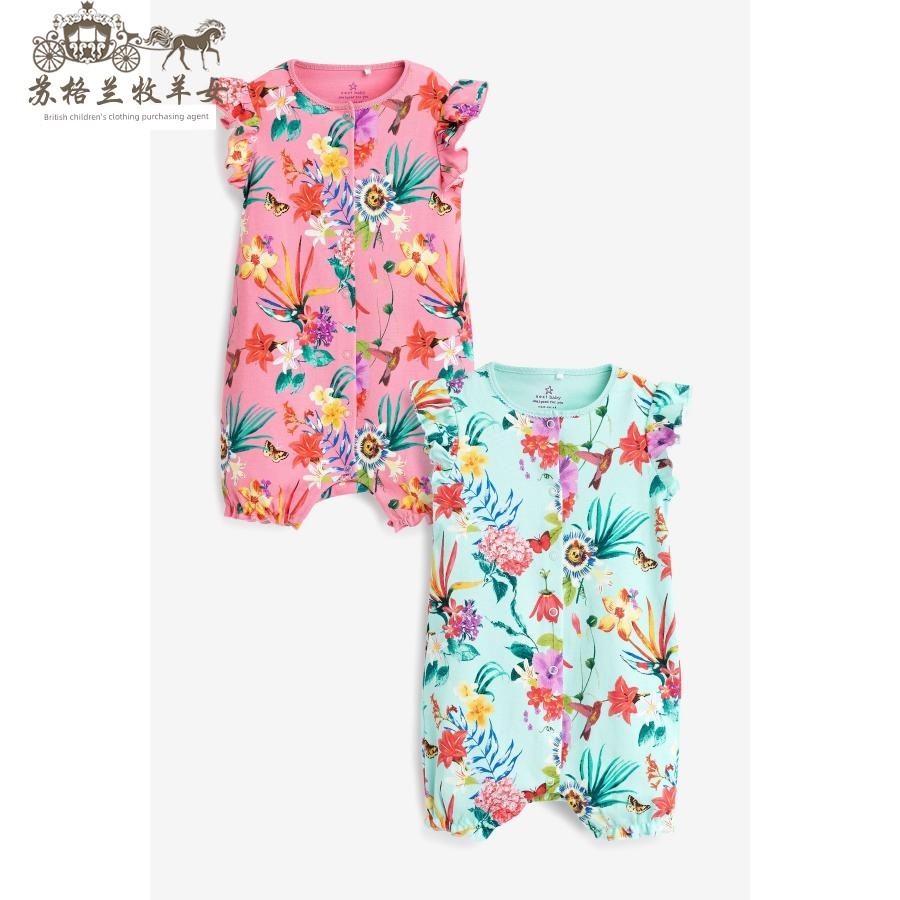 In-Stock Next Children's Clothing for Girls, Pink Floral Bird Print Sleeveless Short-Sleeve Romper Jumpsuit — 32