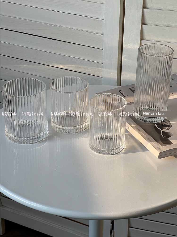 Ins Simple Striped Glass Cup Iced Americano Latte Coffee Cup Juice Cup Cold Drink Cup Household Milk Cup Water Cup