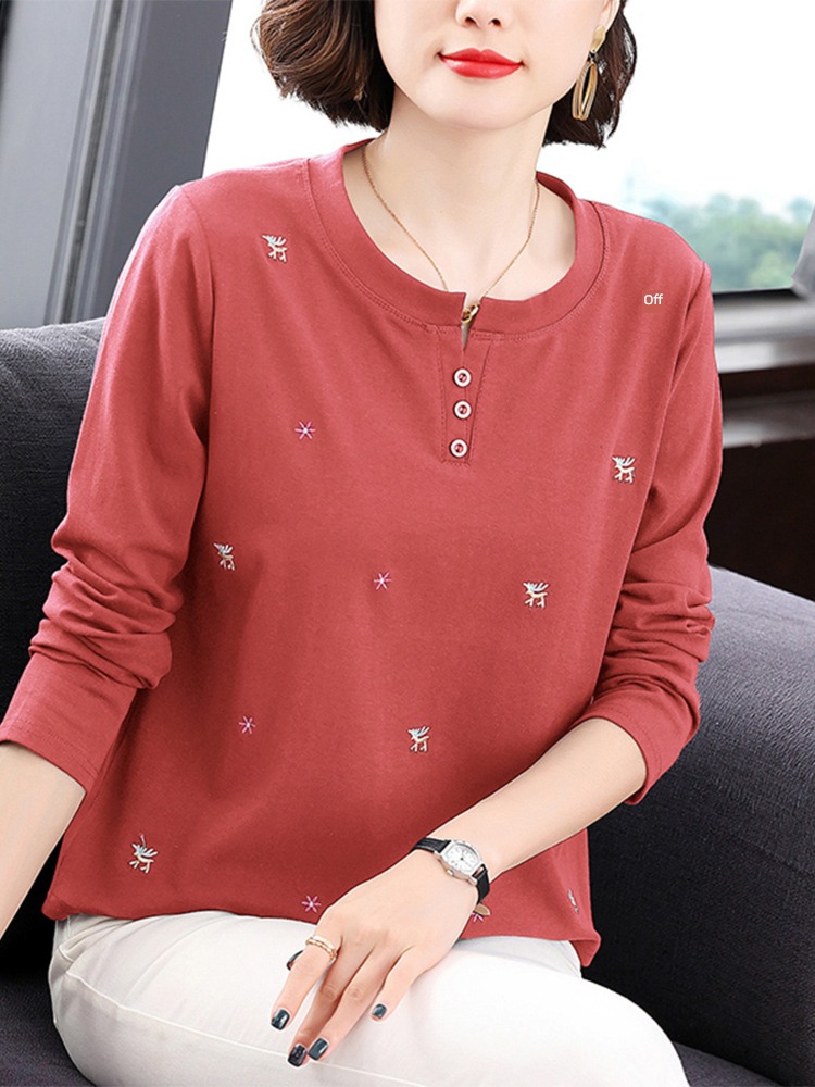 T-shirt middle age Mother dress easy Foreign style Small shirt Embroidery