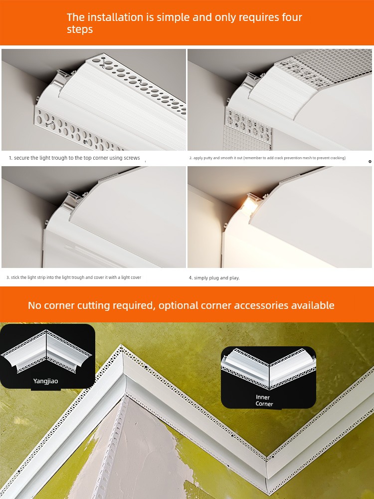 Surface-Mounted Ceiling-Free Wall Washer Light, Suspended Light Trough, Backlit Trough Light Strip, No-Groove Gypsum Line, Ceiling Corner Linear Light