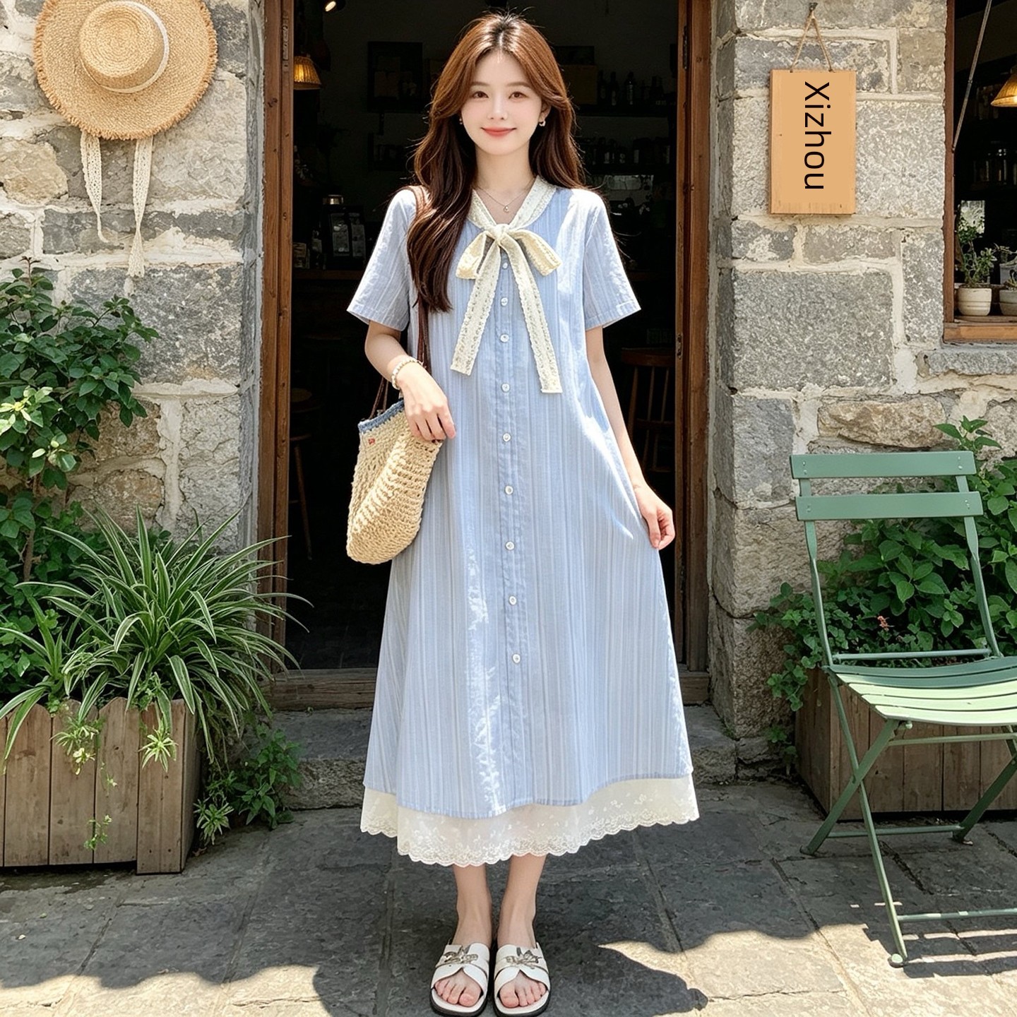 Maternity Dress Summer Thin Style 2026 New Blue Sweet Lace Splicing Short-Sleeved A-Line Dress Mid-Length for Women — 3