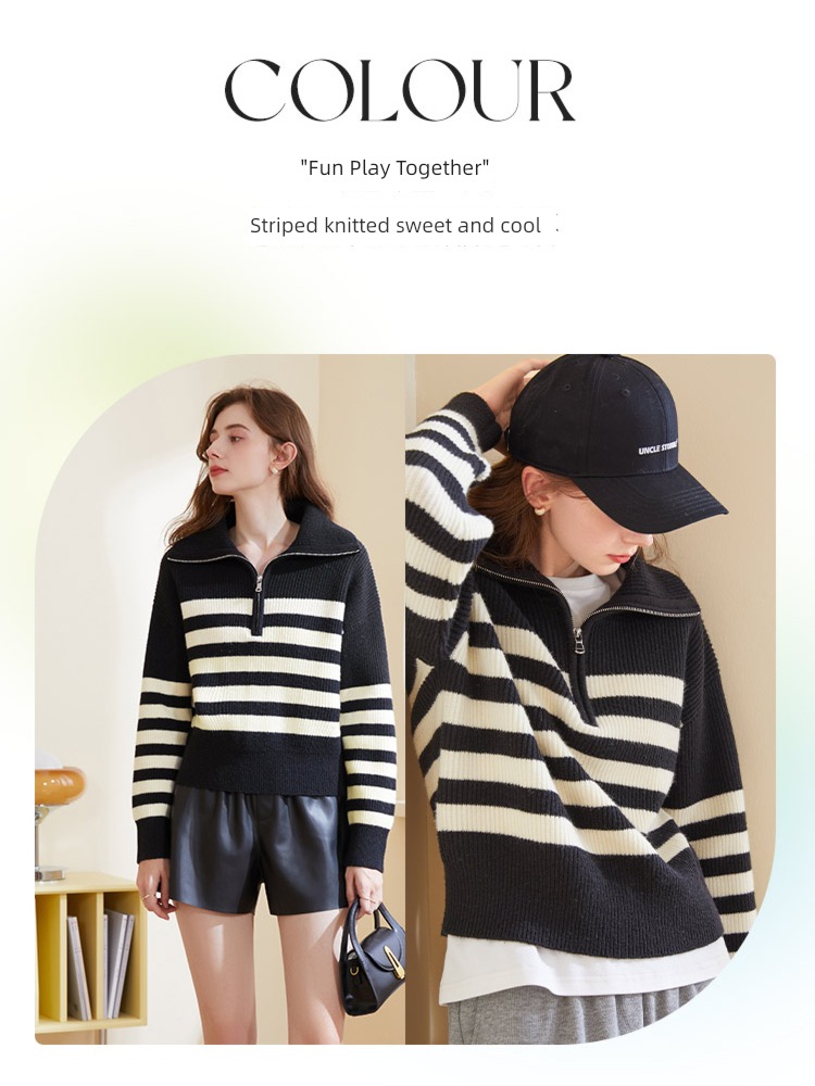 Tricolor Autumn and winter Color contrast stripe Half zipper Lapel sweater