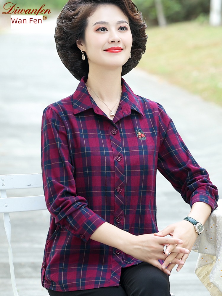 Long sleeve middle age Women mom Cotton plaid shirt