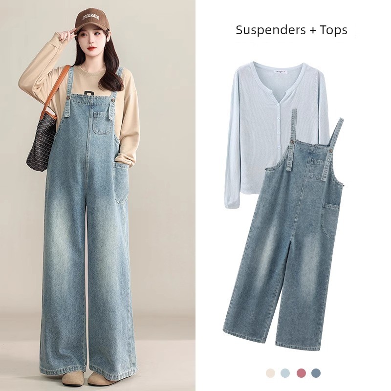 Maternity Denim Overalls That Don'T Squeeze the Belly, Loose-Fitting Plus-Size Pants for Autumn, Age-Reducing Wide-Leg Pants for Pregnant Women, Fall Wear — 3
