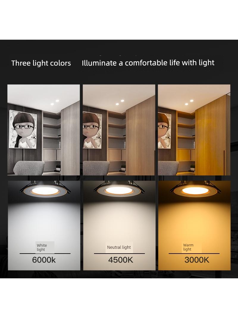 Led Recessed Ceiling Light with Silver Edge, Three-Color Dimmable Light, Living Room Ceiling Lighting, 3W 5W Bull's Eye Light