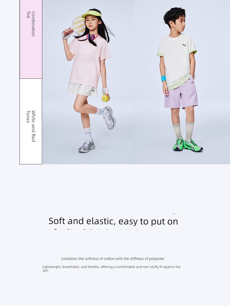 [Channel 2-Piece Set] Puma Children's Clothing 26 Kidsren's Short-Sleeved T-Shirt Fresh and Fashionable Pure Color Stripesd Sports T-Shirt — 11