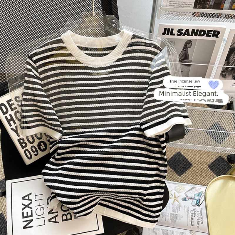 stripe easy Cover meat Ice silk T-shirt knitting Short sleeve