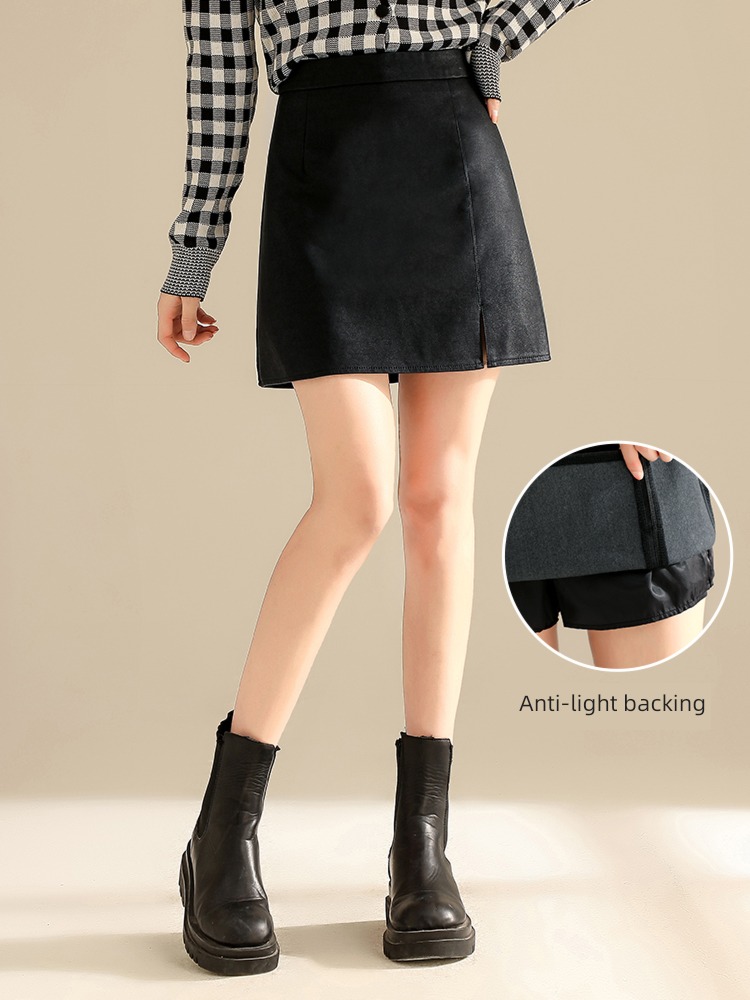 A word Show thin Autumn and winter brown Buttocks Small leather skirt