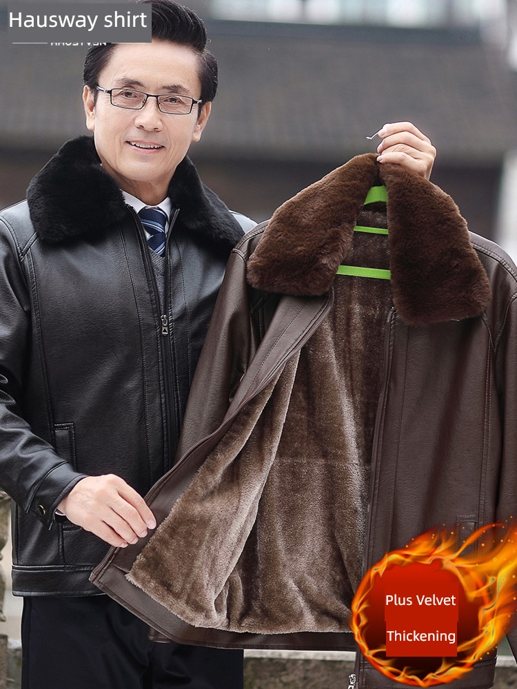 Autumn and winter Plush thickening keep warm Middle aged man leather clothing