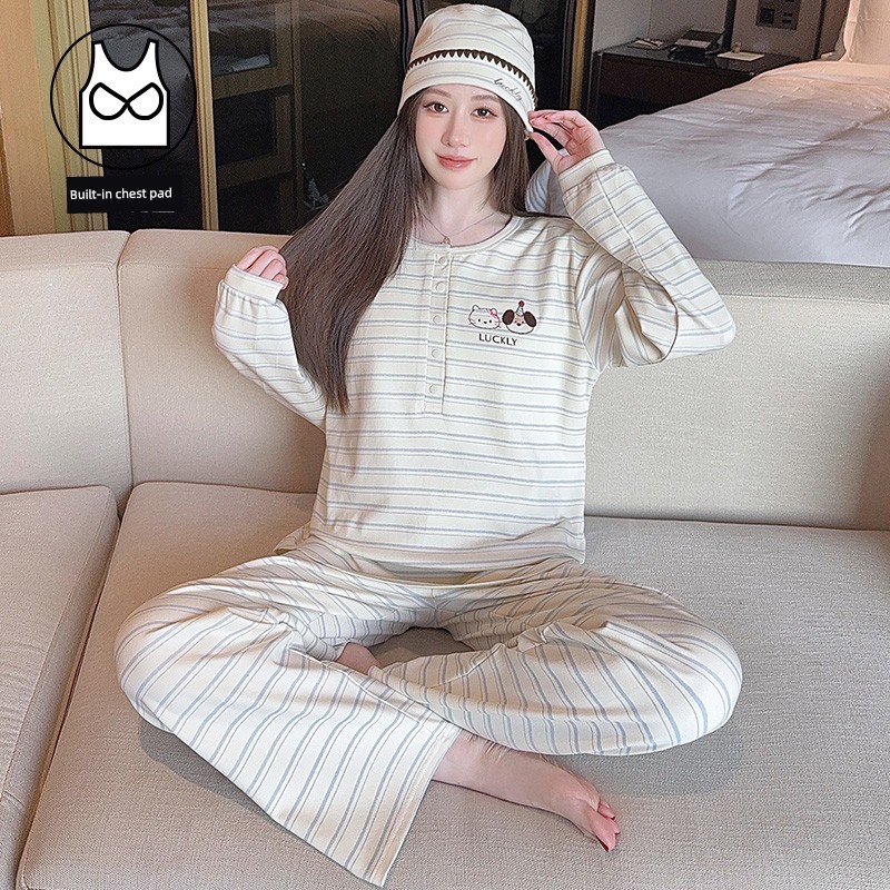Maternity Pajamas with Hat, Pure Cotton, Sweat-Absorbent, Suitable for All Seasons, Postpartum Nursing Loungewear for Autumn and Winter — 4