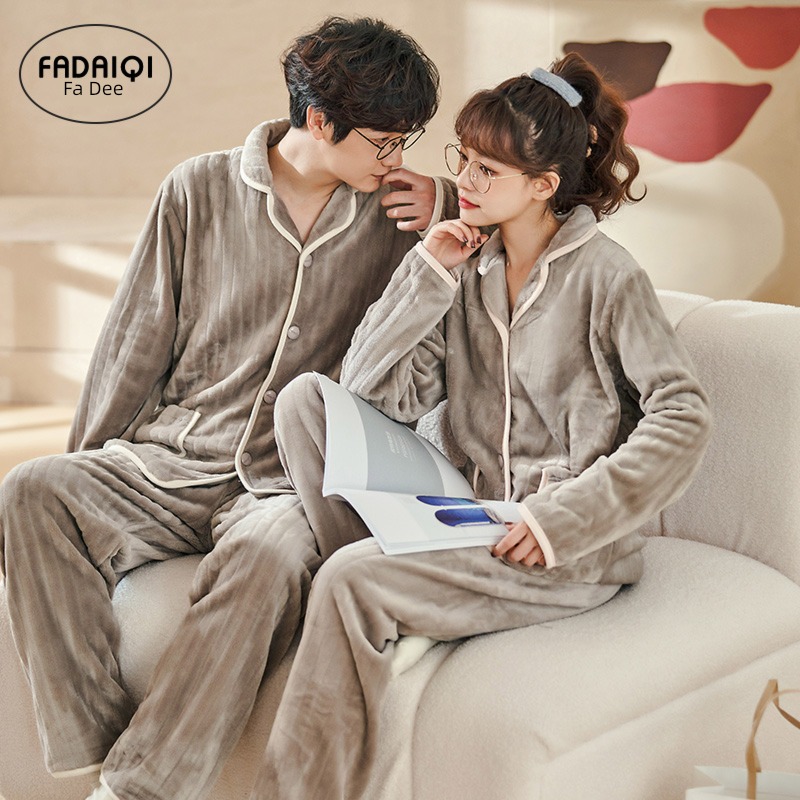 Flannel Cardigan keep warm One man and one woman lovers pajamas