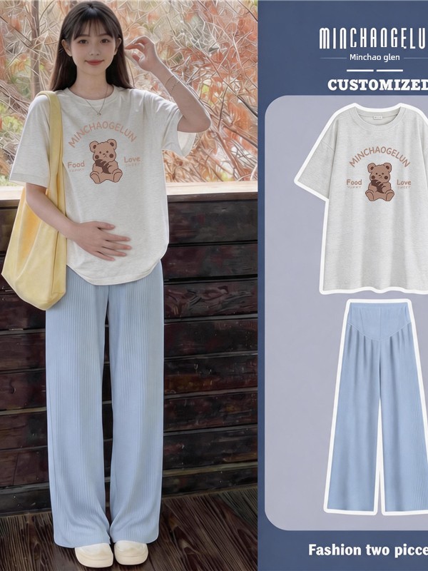 Maternity Suit for Summer Outings, Korean Style, Stylish Pure Cotton Short-Sleeved Top, Loose Casual Belly-Supporting Wide-Leg Pants Two-Piece Set — 4