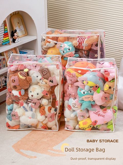 Plush toy storage artifact transparent bucket household children's dolls dustproof zipper finishing bag