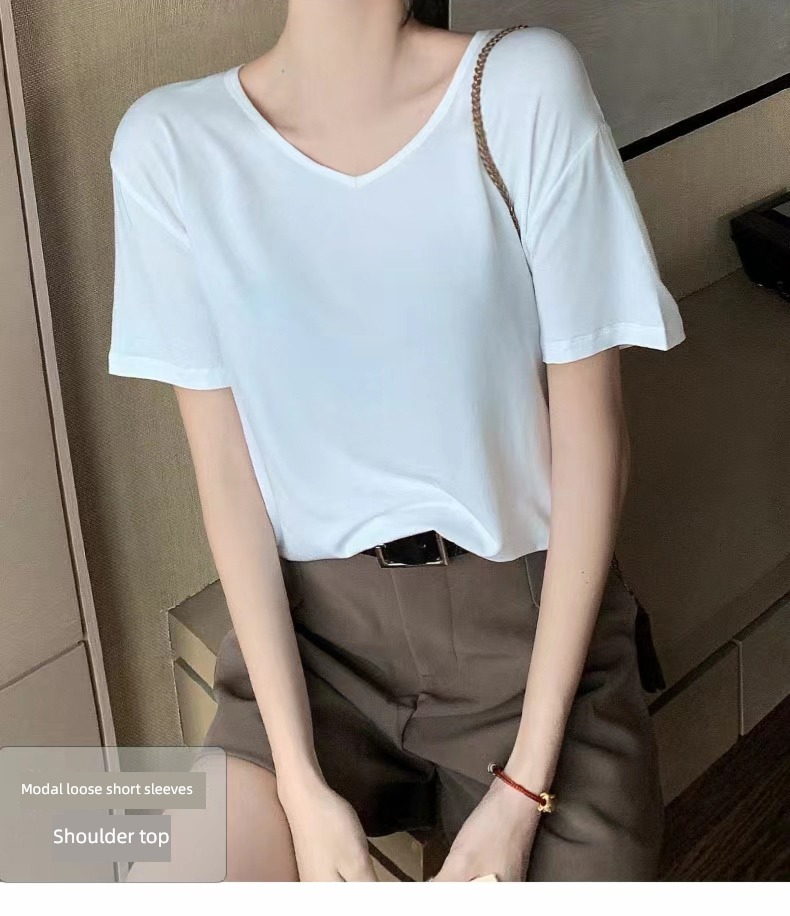 modal  easy Half sleeve Versatile Low collar jacket T-shirt