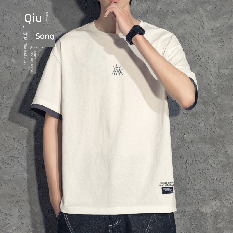 Short sleeve pure cotton easy schoolboy Big size leisure time Fake two