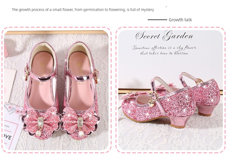 Girls' High-Heeled Shoes 2026 New Spring and Autumn Princess Shoes Round-Toe Performance Shoes Little Girls' Gold Host Performance Shoes — 22