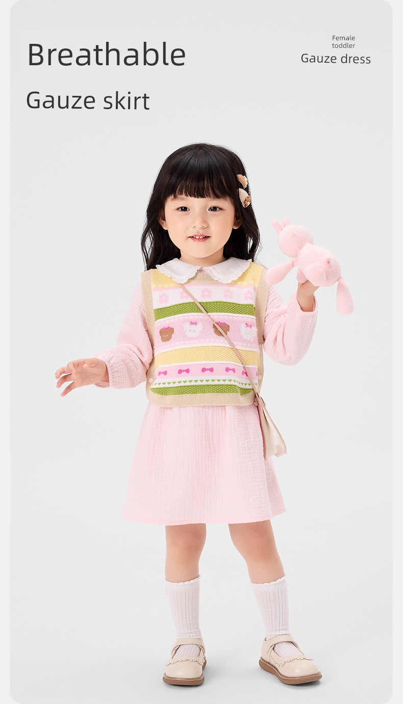 Pure Cotton Era Girls' Dress and Vest Set, Long-Sleeve Dress, Gauze Pure Cotton, New Spring/Summer Model, Same Style as in Stores — 4