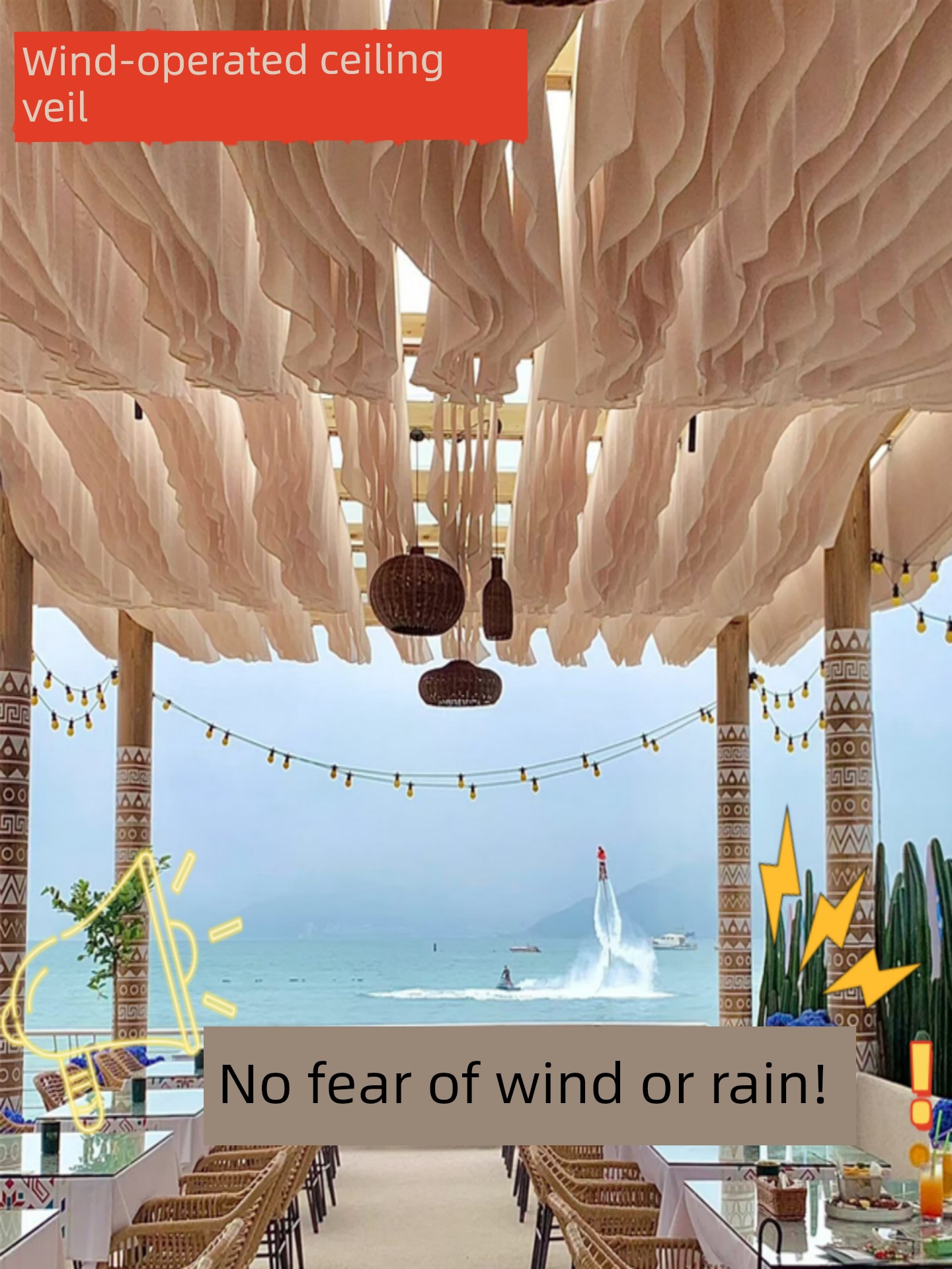 Trendy Wind-Swept Gauze Ceiling Drapes for Outdoor Restaurants, Sunshade Decoration, Hotel and Scenic Area Wave-Shaped Sunshade Canopy
