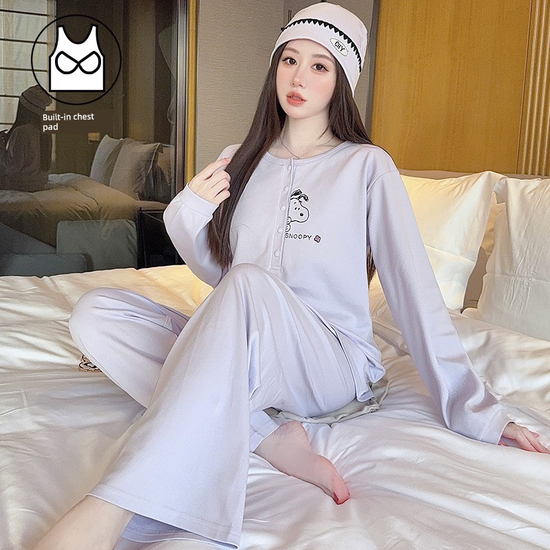 Hat with Chest Pad, Postpartum Clothing, Pure Cotton Nursing Pajamas, Postpartum Maternity Home Wear for Spring, Autumn, and Winter, Can Be Worn Outside — 6