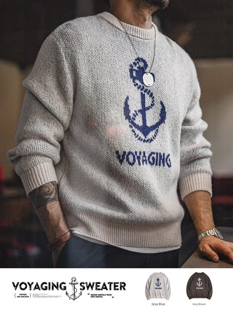 马登工装 美式复古针织船锚提花毛衣vintage套头圆领打底衫男春