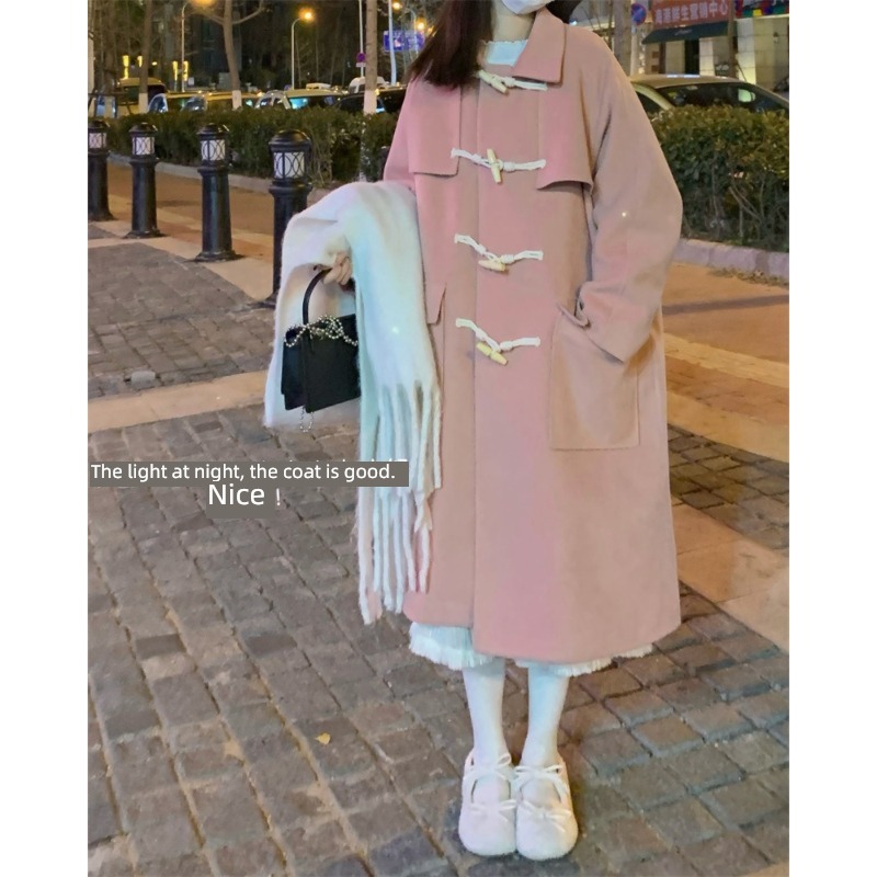 loose coat female Retro Pink Medium and long term Wool loose coat
