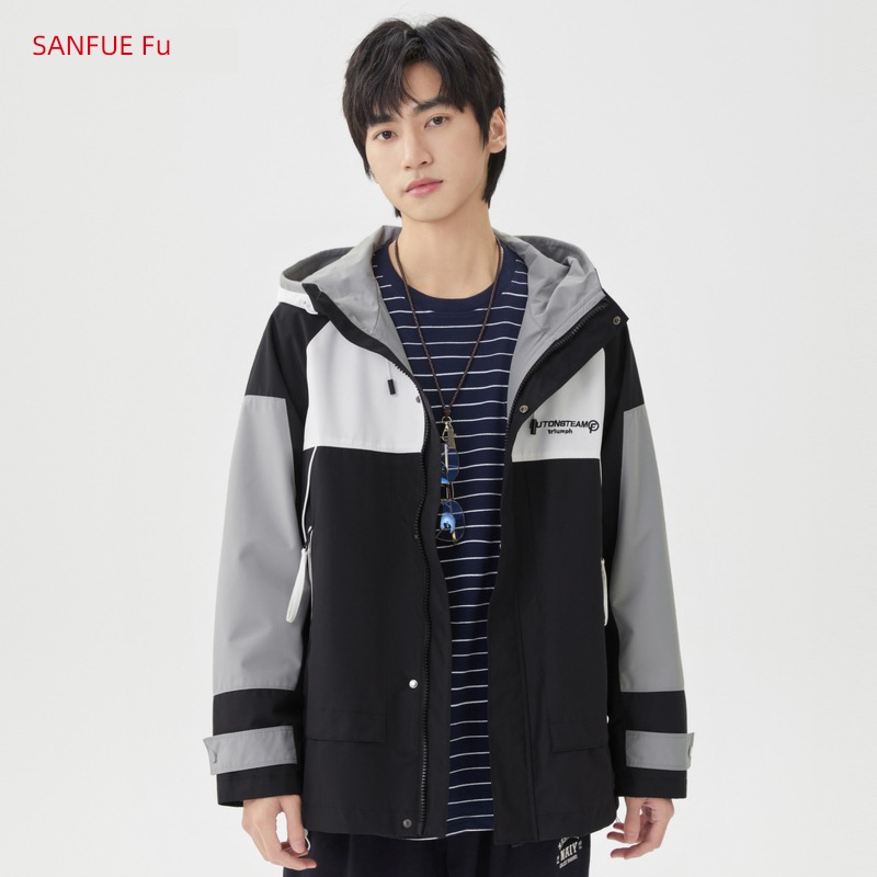 Sanfu spring Color contrast easy Splicing Hooded work clothes