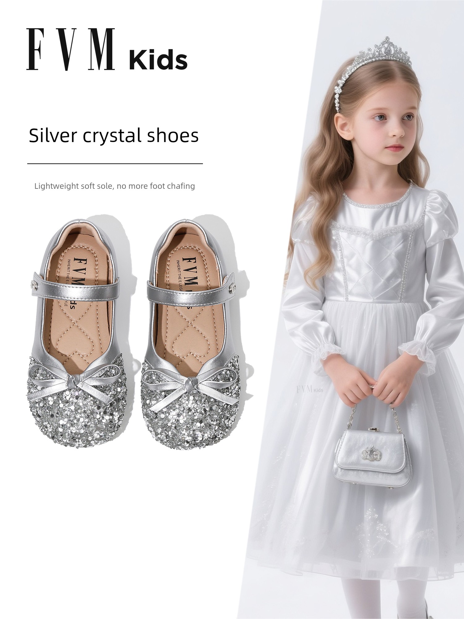 Girls' Shoes, Baby Girl Crystal Shoes, Kidsren's Princess Leather Shoes, 2026 New Summer Elsa Girls' Silver Flats