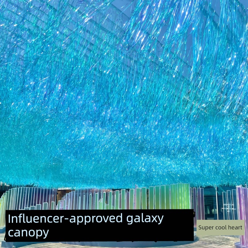Long Corridor with Galaxy Sky Backdrop, Wind-Swept Laser Rain Curtain, Decorative Colorful Strips, Ribbons, Tassels, and Silk for Popular Tourist Site Scene Setup
