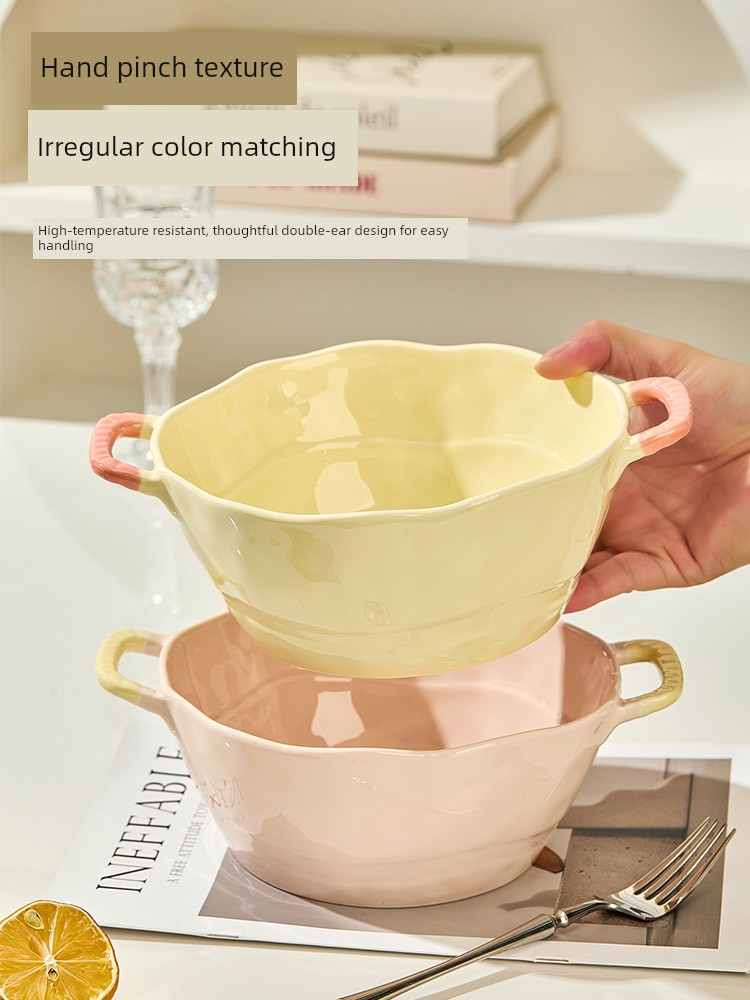 Double-Ear Soup Bowl for Home Use, 2026 New Model, High Aesthetic Value, Cream-Style Large Bowl for Eating Noodles, Ceramic Snail Noodle Bowl