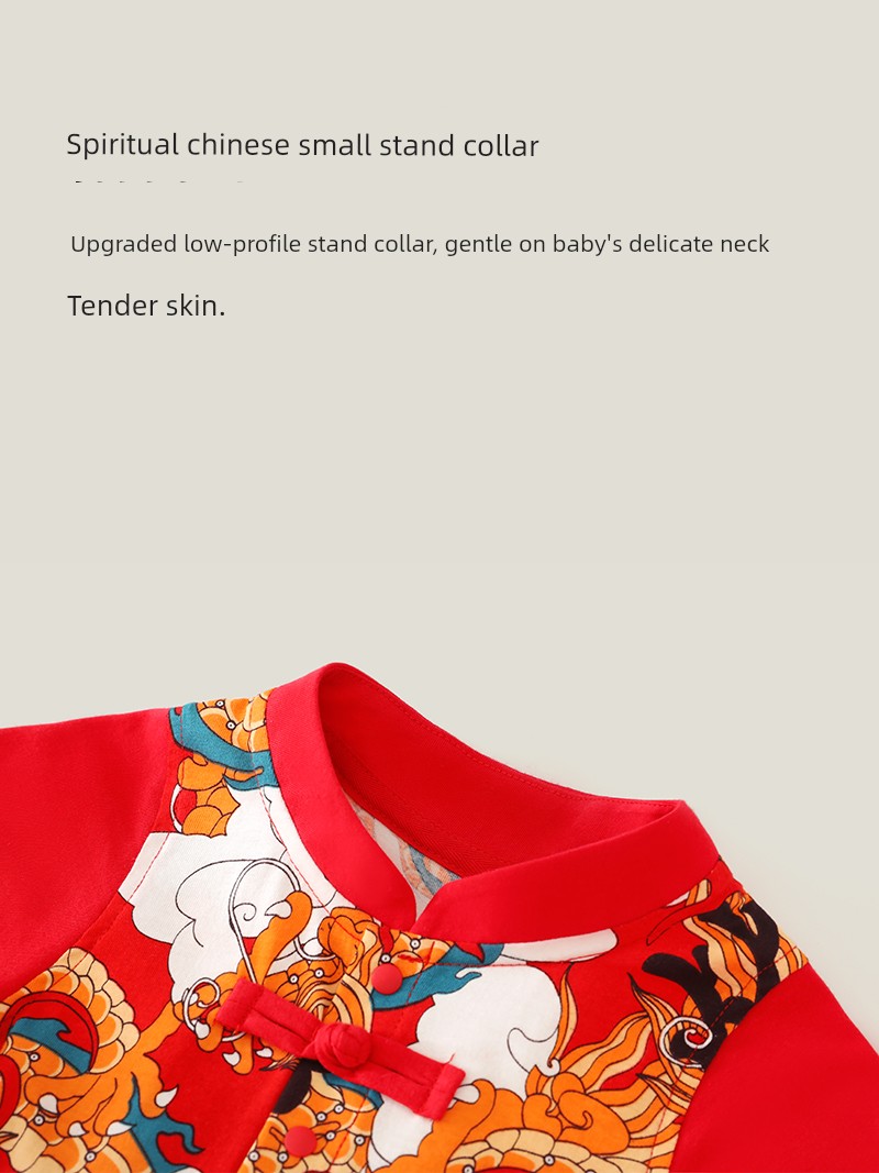 Dragon-Themed Baby Full-Month Outfit for Boys, Summer Red Thin Pure Cotton 100-Day Celebration Tang Suit with Ribbon, Unisex Romper — 3