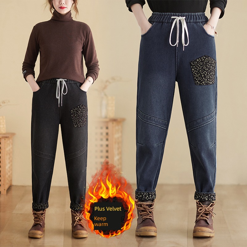 Retro ma'am Elastic waist Straight cylinder trousers winter Paste cloth